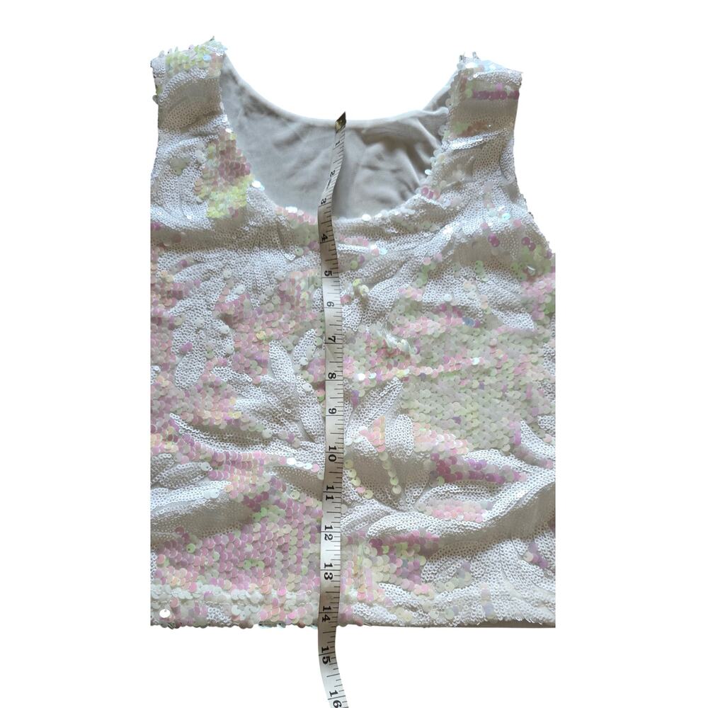 Vintage Sequin Top Womens M White & Iridescent Pink Embellished Lined - Picture 7 of 7